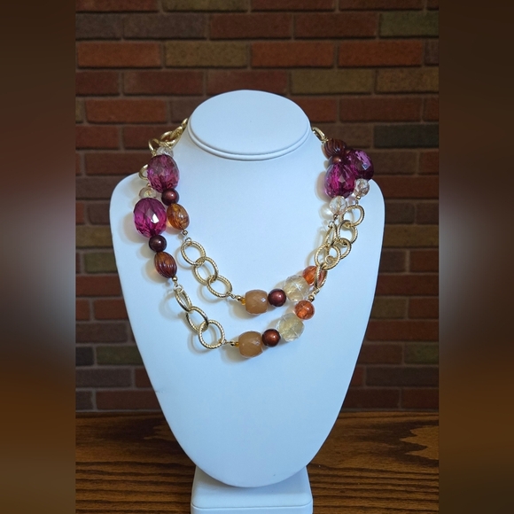 Vintage George Gold Tone and Purple Brown Tan Color Beaded Necklace - Picture 3 of 9